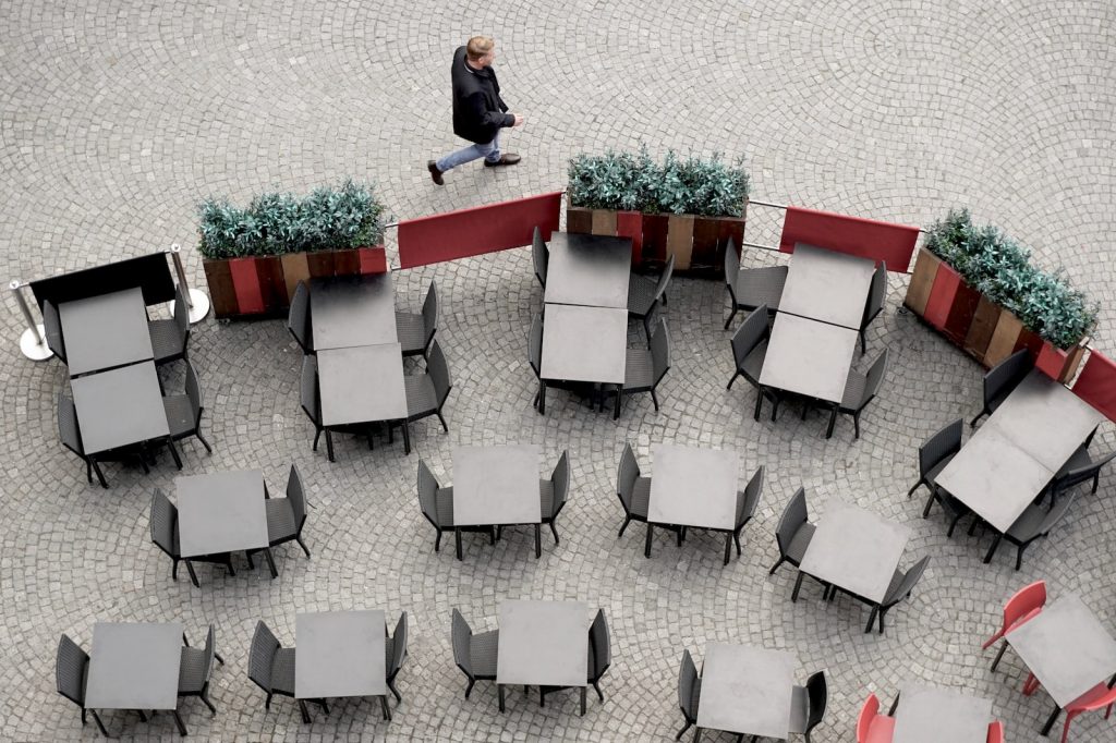 aerial photo of grey tables